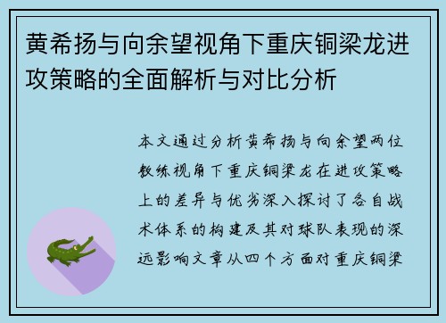 黄希扬与向余望视角下重庆铜梁龙进攻策略的全面解析与对比分析