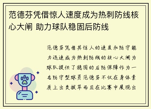范德芬凭借惊人速度成为热刺防线核心大闸 助力球队稳固后防线